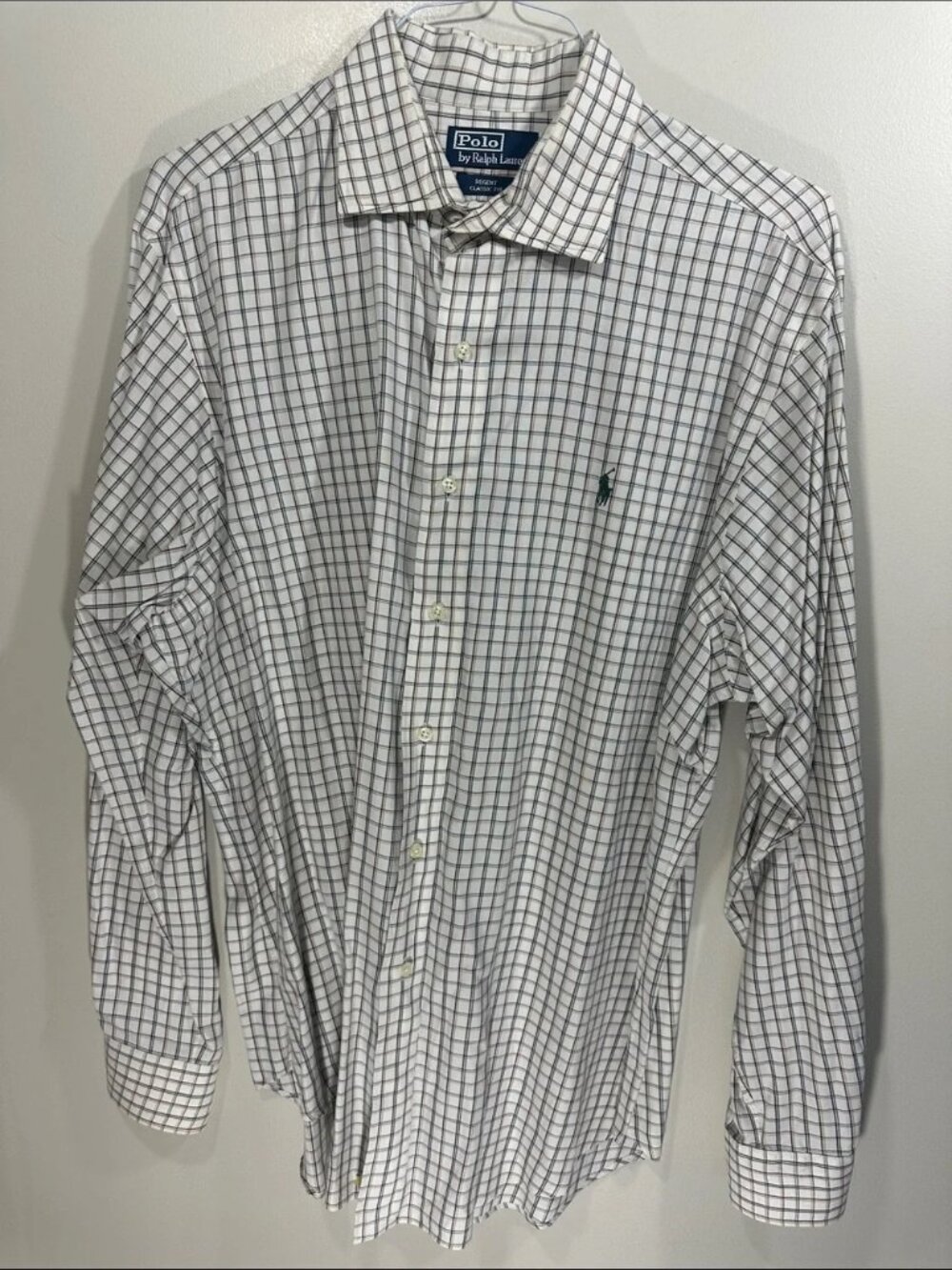 Polo by Ralph Lauren White Dress Shirt with Navy & Brown Windowpane XL